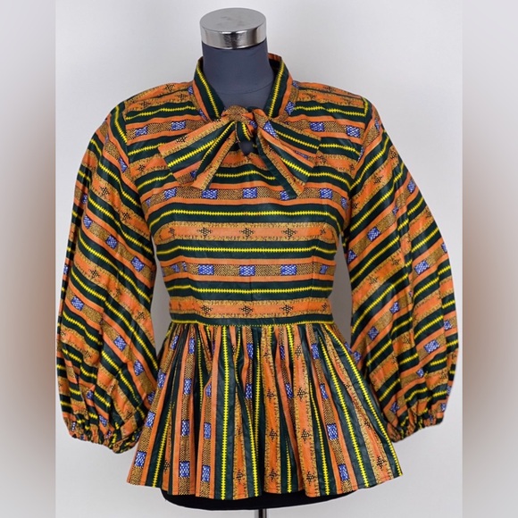 Handmade Multicolor African Print Ankara Ballon Sleeve Cotton Peplum Blouse - Picture 1 of 4